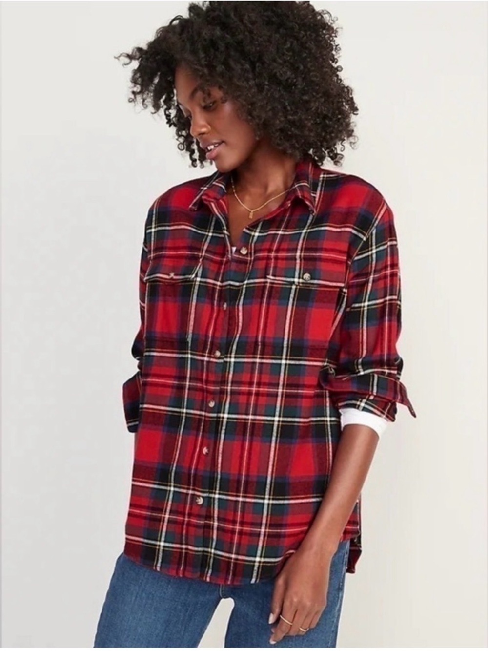 Old Navy Red and Black Plaid Button-Down Boyfriend Shirt